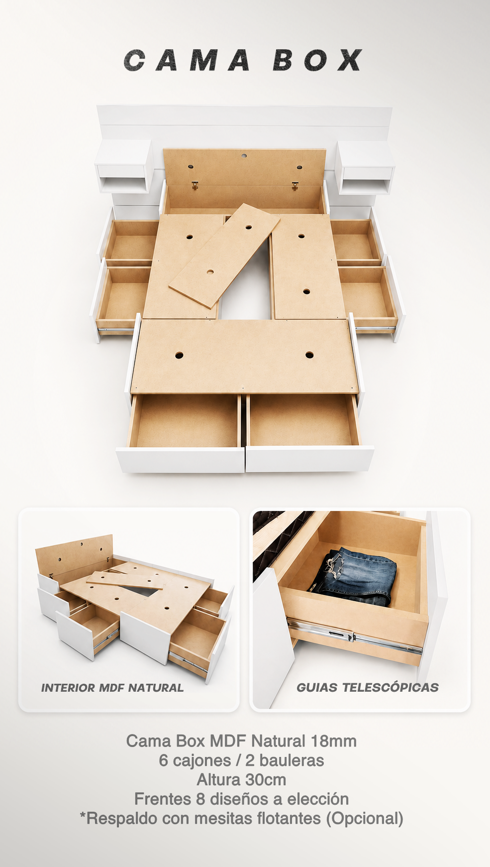 04 Cama Box | + MDF Natural + Cajones y Bauleras - Imagen 2