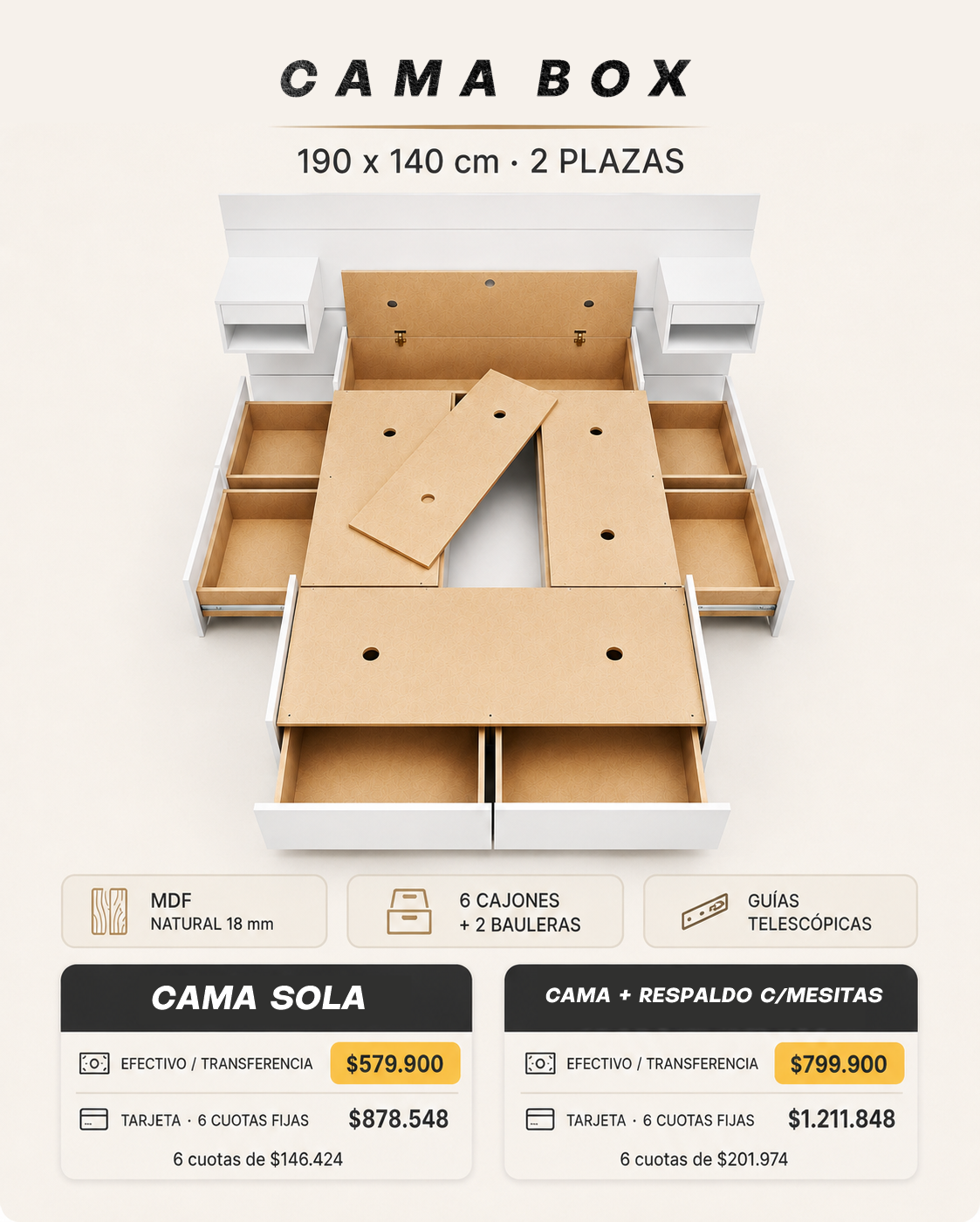 04 Cama Box | + MDF Natural + Cajones y Bauleras - Imagen 12