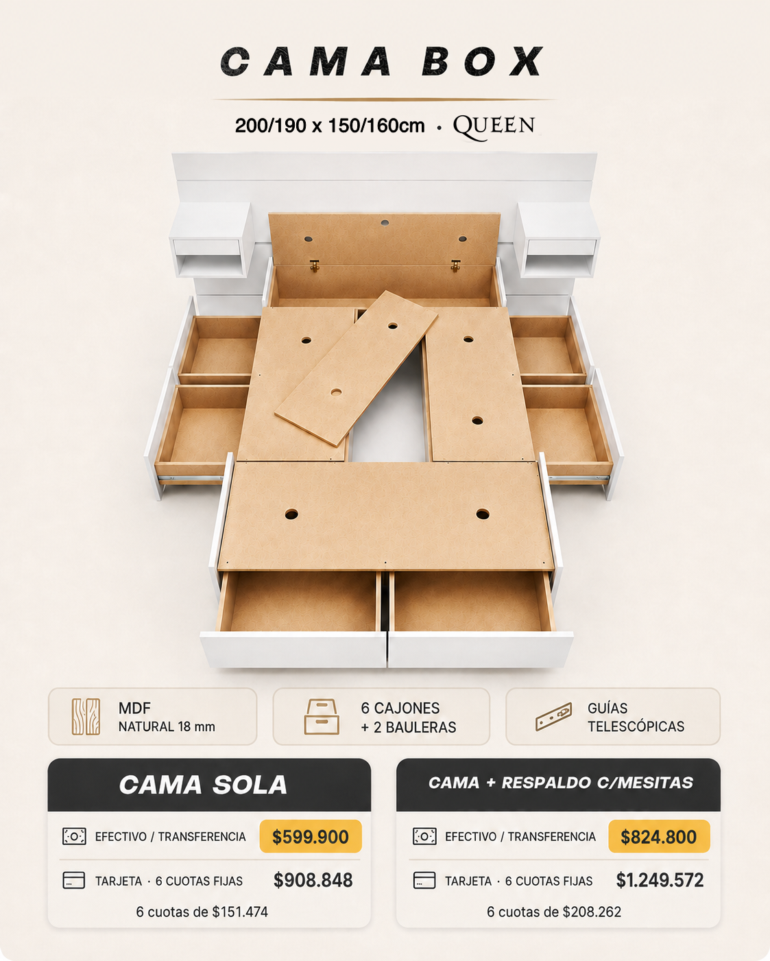 04 Cama Box | + MDF Natural + Cajones y Bauleras - Imagen 14