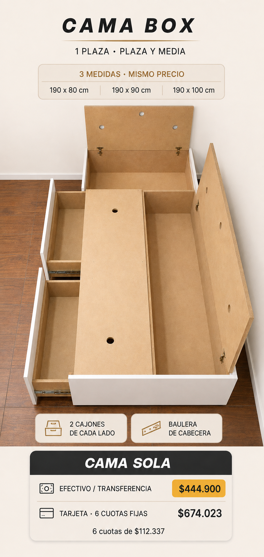 04 Cama Box | + MDF Natural + Cajones y Bauleras - Imagen 15