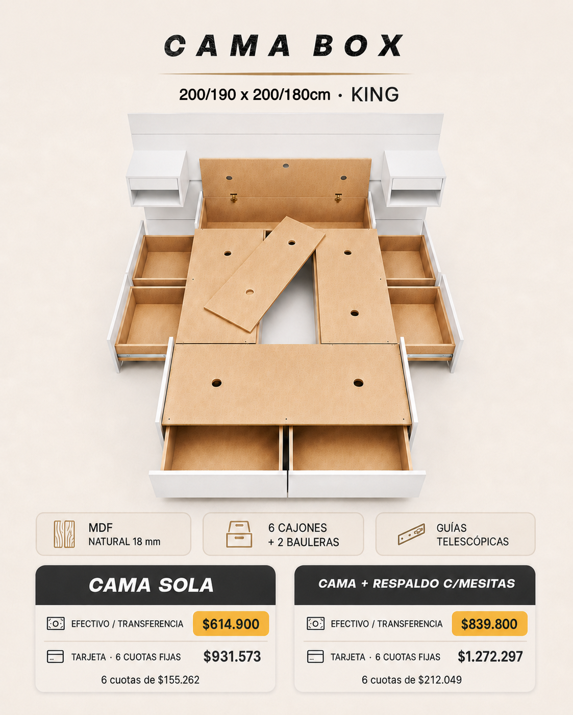 04 Cama Box | + MDF Natural + Cajones y Bauleras - Imagen 13